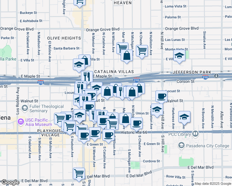 map of restaurants, bars, coffee shops, grocery stores, and more near 258 North Wilson Avenue in Pasadena