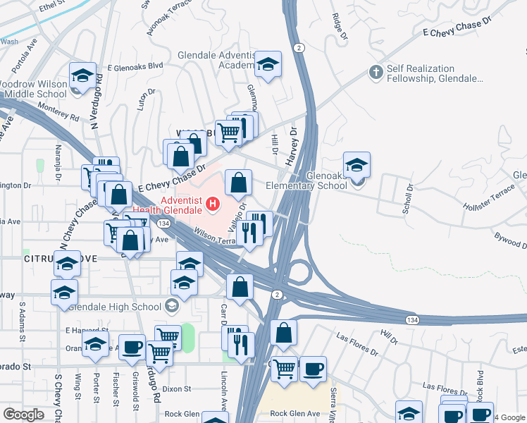 map of restaurants, bars, coffee shops, grocery stores, and more near 329 Harvey Drive in Glendale