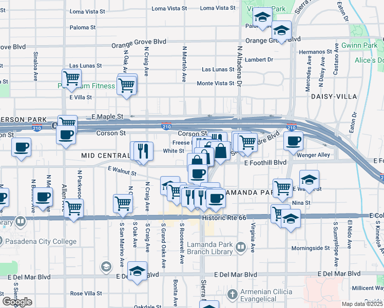 map of restaurants, bars, coffee shops, grocery stores, and more near 2322 White Street in Pasadena