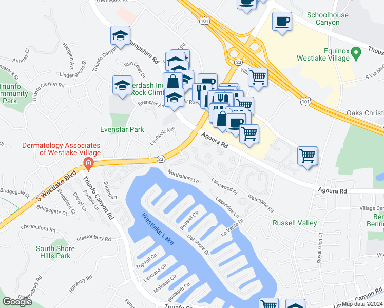 map of restaurants, bars, coffee shops, grocery stores, and more near 1129 Glenbridge Circle in Westlake Village