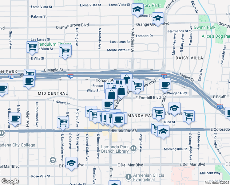 map of restaurants, bars, coffee shops, grocery stores, and more near 245 North Carmelo Avenue in Pasadena