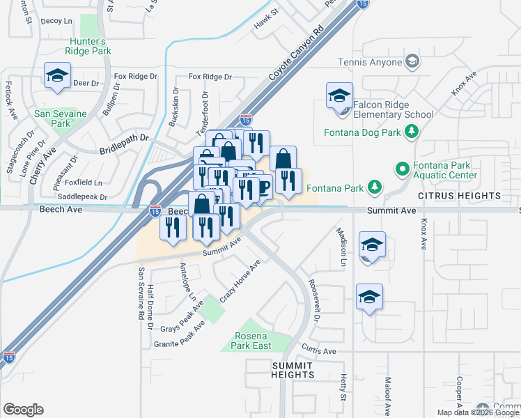 map of restaurants, bars, coffee shops, grocery stores, and more near 15276 Summit Avenue in Fontana