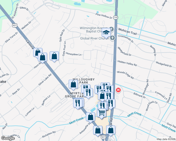 map of restaurants, bars, coffee shops, grocery stores, and more near 1668 Honeybee Lane in Wilmington