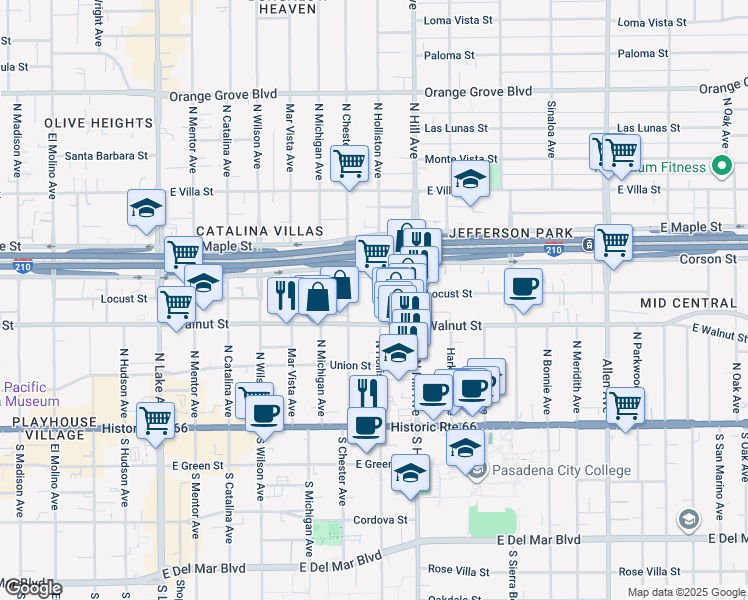 map of restaurants, bars, coffee shops, grocery stores, and more near 259 North Holliston Avenue in Pasadena