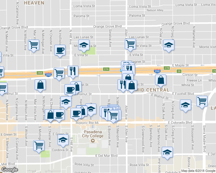 map of restaurants, bars, coffee shops, grocery stores, and more near 1672 Locust Street in Pasadena