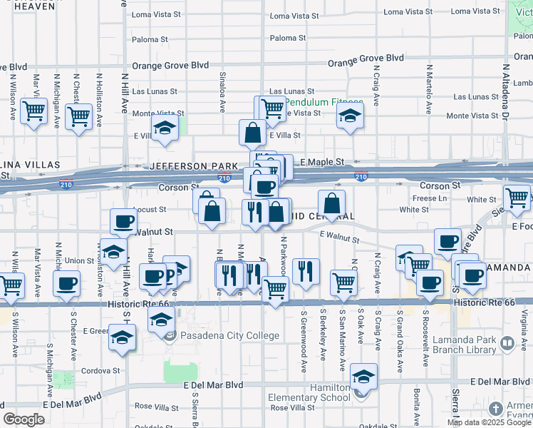 map of restaurants, bars, coffee shops, grocery stores, and more near 260 Allen Avenue in Pasadena