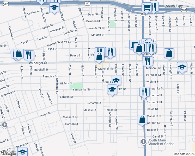map of restaurants, bars, coffee shops, grocery stores, and more near 2527 Paradise Street in Vernon