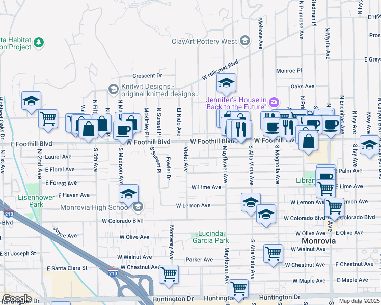 map of restaurants, bars, coffee shops, grocery stores, and more near 120 Violet Avenue in Monrovia