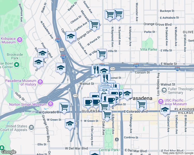 map of restaurants, bars, coffee shops, grocery stores, and more near in Pasadena
