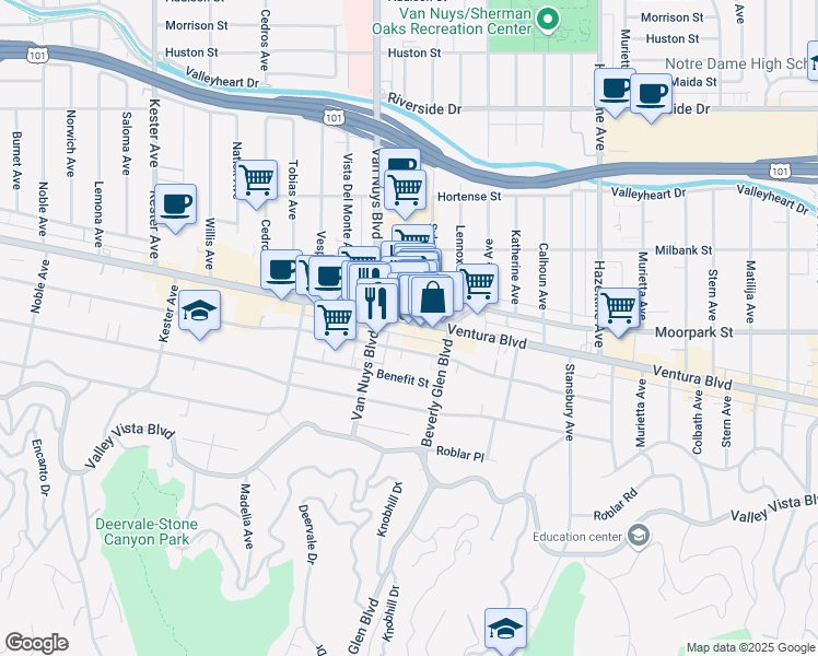 map of restaurants, bars, coffee shops, grocery stores, and more near 14446 Ventura Boulevard in Los Angeles