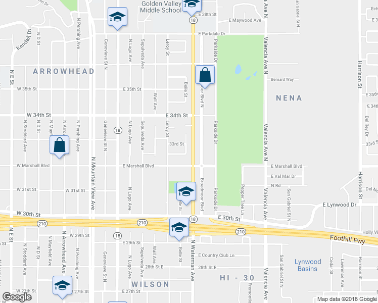 map of restaurants, bars, coffee shops, grocery stores, and more near 3257 North Belle Street in San Bernardino