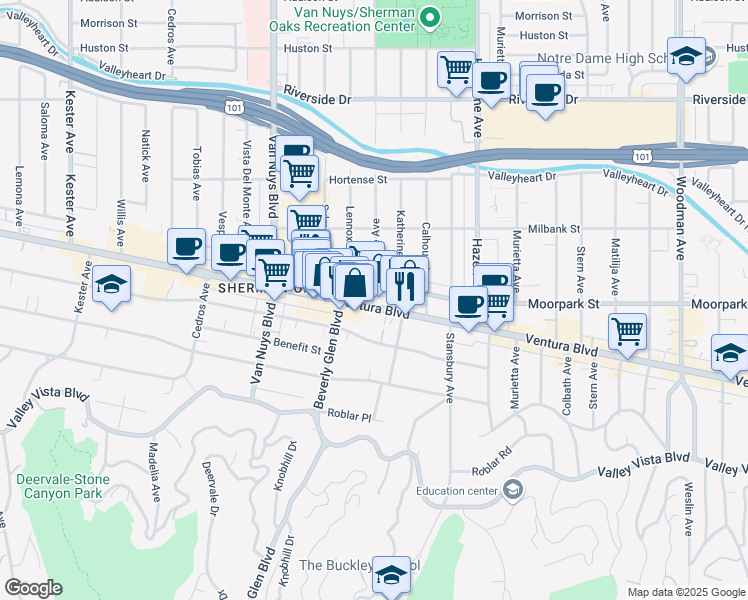 map of restaurants, bars, coffee shops, grocery stores, and more near 14301 Ventura Boulevard in Los Angeles