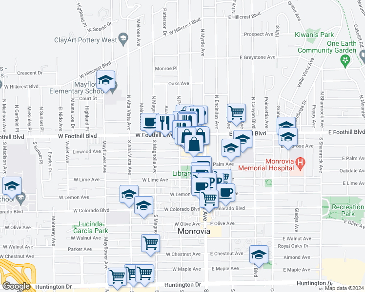 map of restaurants, bars, coffee shops, grocery stores, and more near 172 South Primrose Avenue in Monrovia