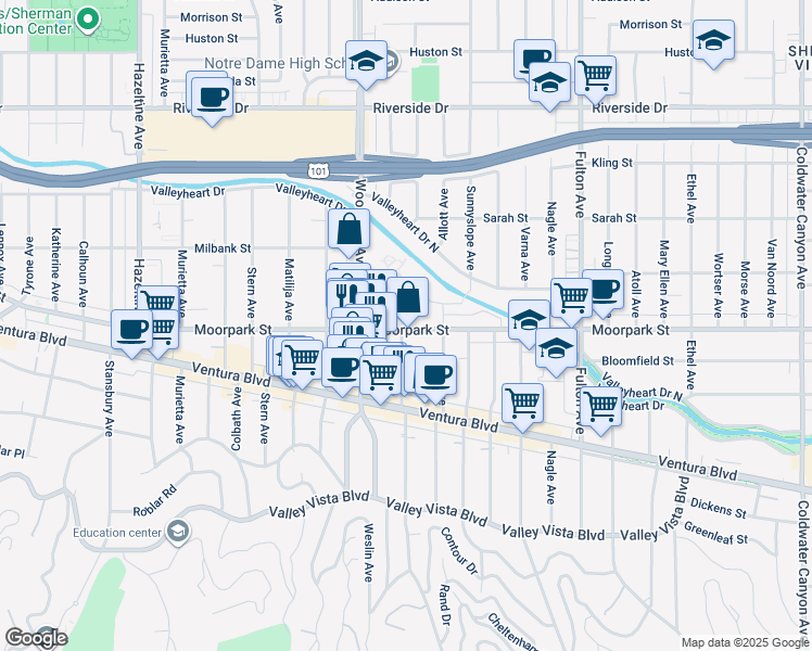 map of restaurants, bars, coffee shops, grocery stores, and more near 13543 Moorpark Street in Los Angeles