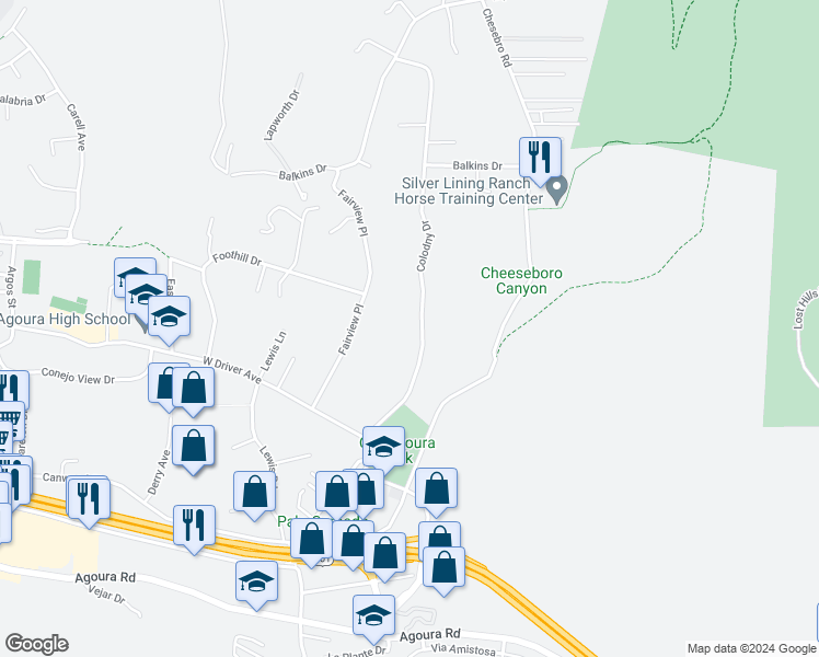 map of restaurants, bars, coffee shops, grocery stores, and more near 5617 Colodny Drive in Agoura Hills