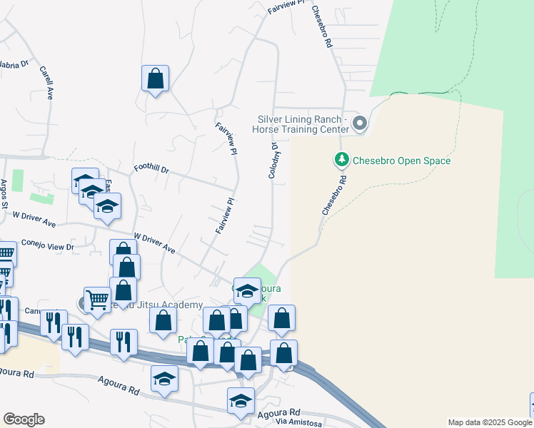 map of restaurants, bars, coffee shops, grocery stores, and more near 5617 Colodny Drive in Agoura Hills