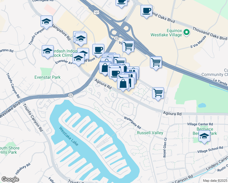 map of restaurants, bars, coffee shops, grocery stores, and more near 1126 Bright Glen Circle in Westlake Village