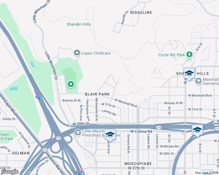 map of restaurants, bars, coffee shops, grocery stores, and more near 1261 West Edgemont Drive in San Bernardino