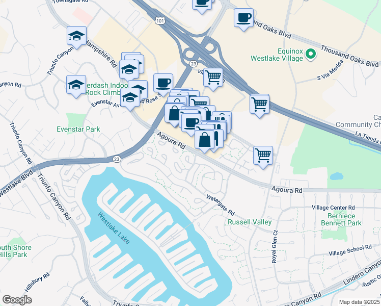 map of restaurants, bars, coffee shops, grocery stores, and more near 1126 Bright Glen Circle in Westlake Village