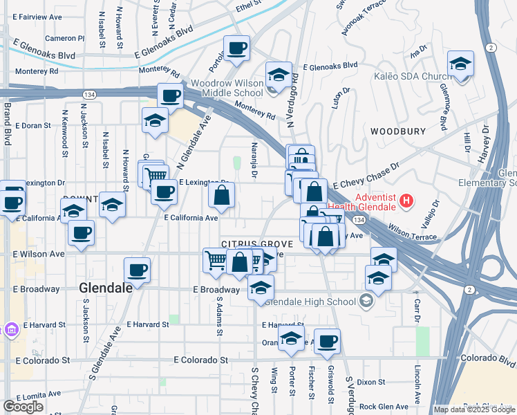 map of restaurants, bars, coffee shops, grocery stores, and more near 315 McHenry Road in Glendale