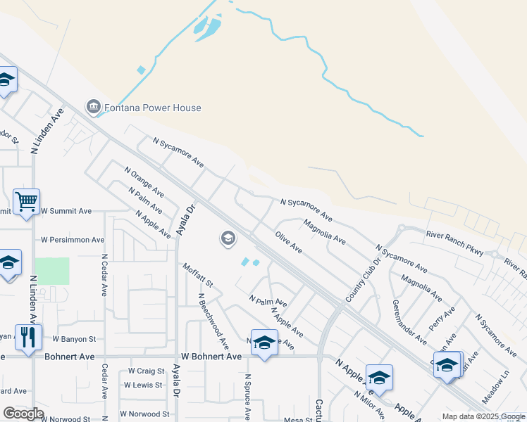 map of restaurants, bars, coffee shops, grocery stores, and more near 19120 Knollwood Avenue in Rialto