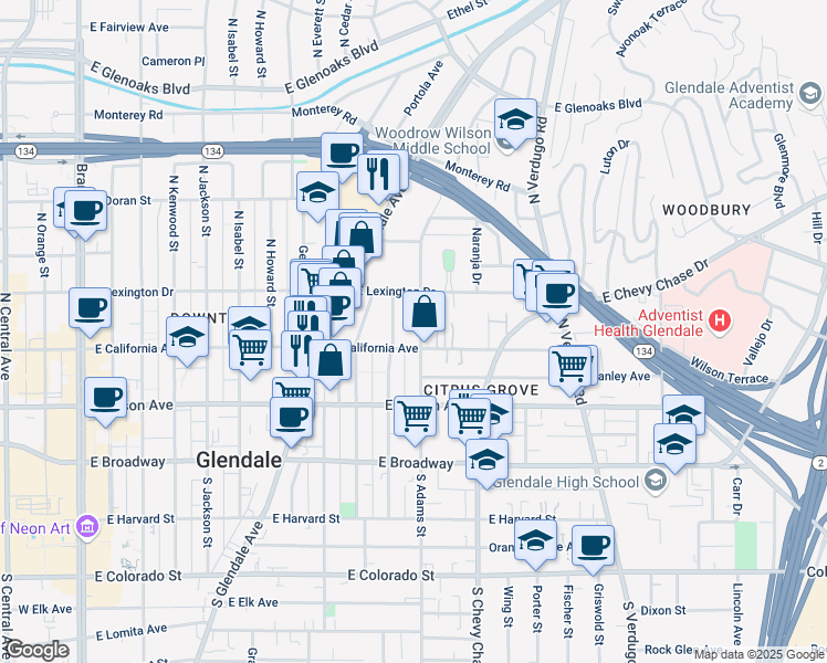 map of restaurants, bars, coffee shops, grocery stores, and more near 315 North Adams Street in Glendale