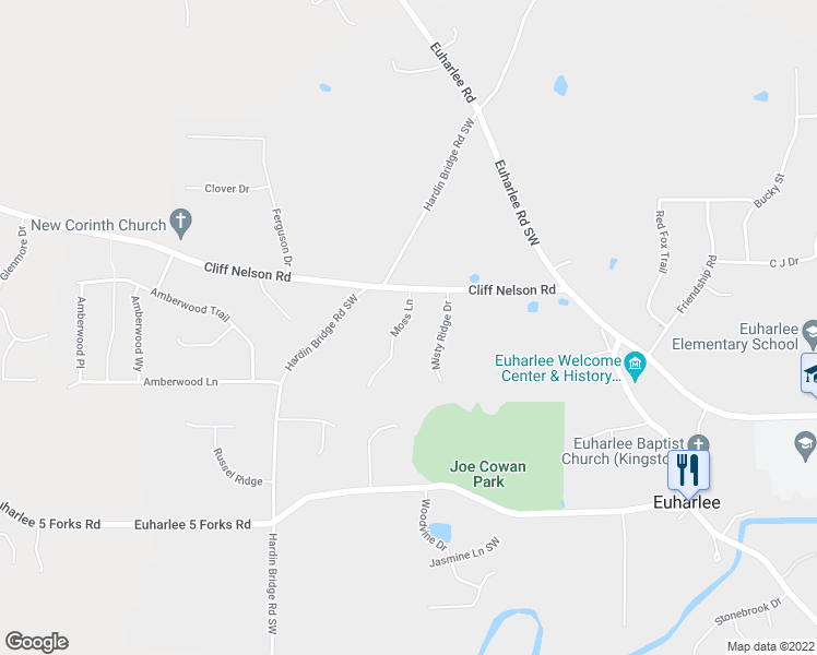 map of restaurants, bars, coffee shops, grocery stores, and more near 11 Moss Lane in Euharlee