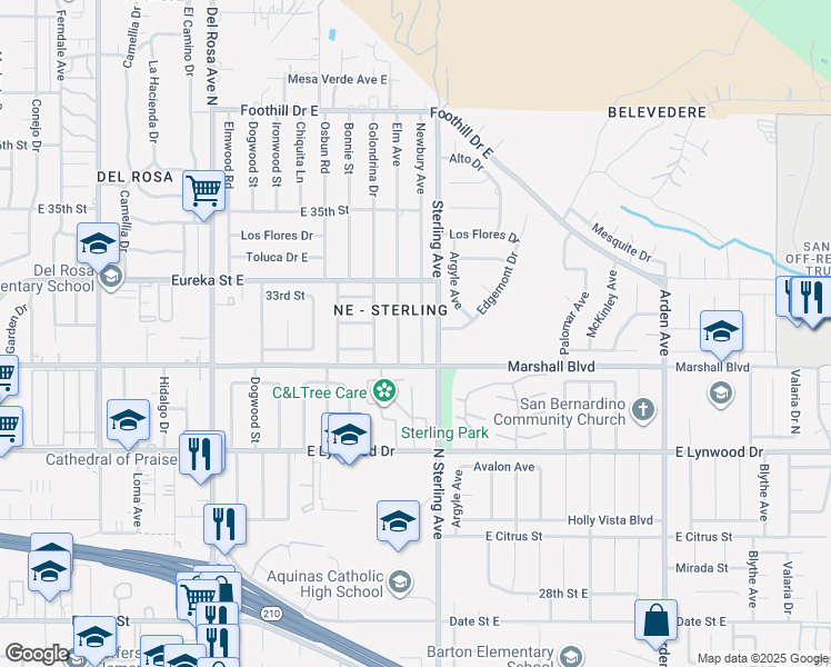 map of restaurants, bars, coffee shops, grocery stores, and more near 5688 Newbury Avenue in San Bernardino