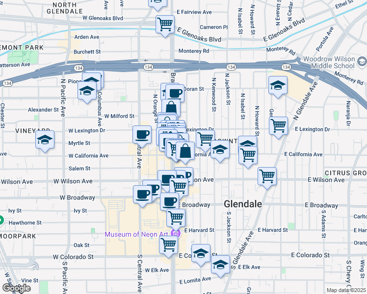 map of restaurants, bars, coffee shops, grocery stores, and more near 319 North Maryland Avenue in Glendale