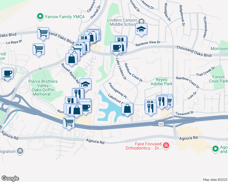 map of restaurants, bars, coffee shops, grocery stores, and more near 30726 Passageway Place in Agoura Hills