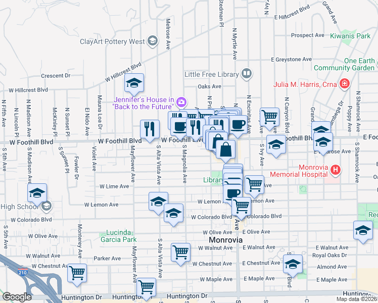 map of restaurants, bars, coffee shops, grocery stores, and more near 267 Linwood Avenue in Monrovia