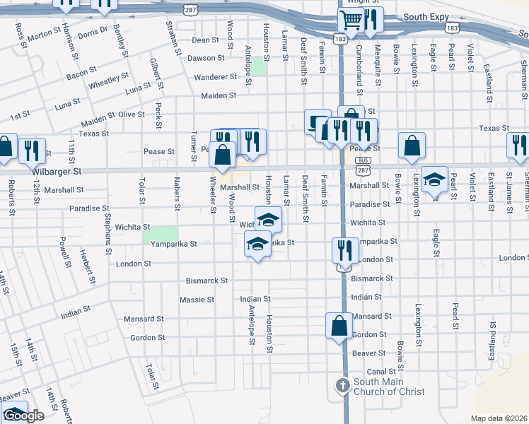 map of restaurants, bars, coffee shops, grocery stores, and more near 2201 Paradise Street in Vernon