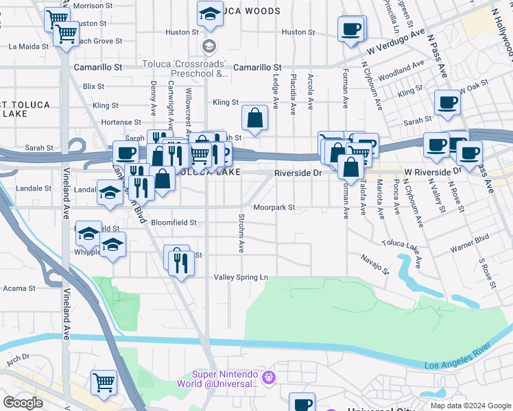 map of restaurants, bars, coffee shops, grocery stores, and more near 10629 Woodbridge Street in Los Angeles