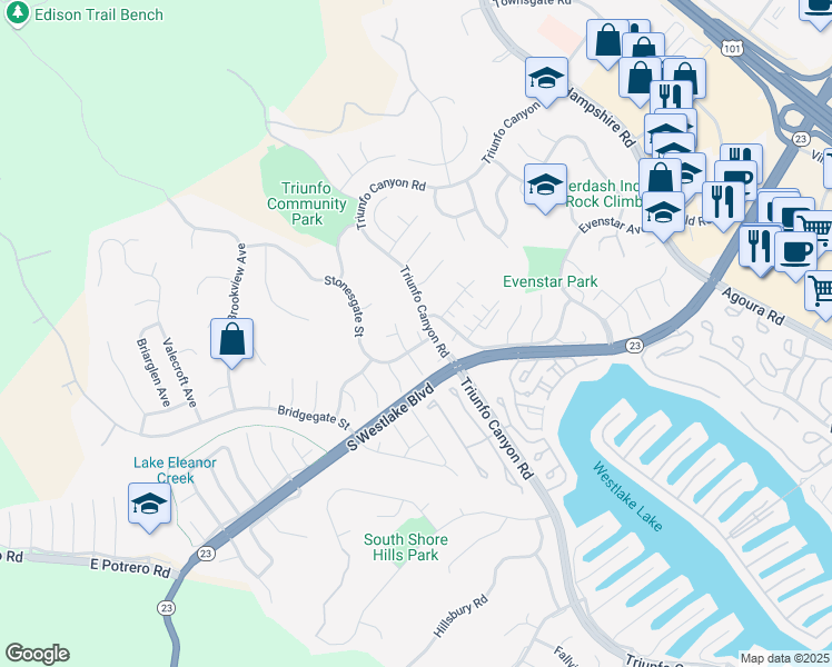 map of restaurants, bars, coffee shops, grocery stores, and more near 2073 Stonesgate Street in Westlake Village