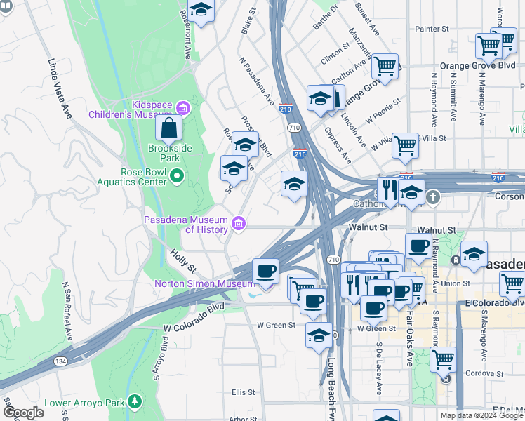 map of restaurants, bars, coffee shops, grocery stores, and more near 301 Rosemont Avenue in Pasadena