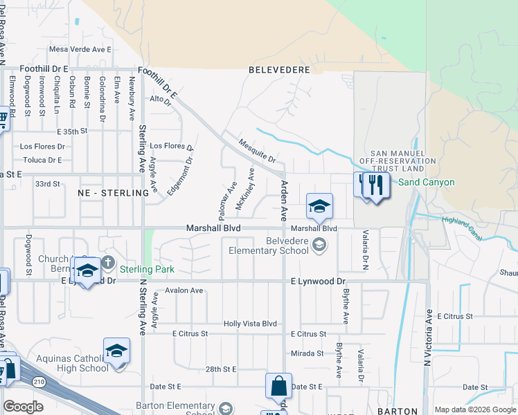 map of restaurants, bars, coffee shops, grocery stores, and more near 5693 Dumbarton Avenue in San Bernardino