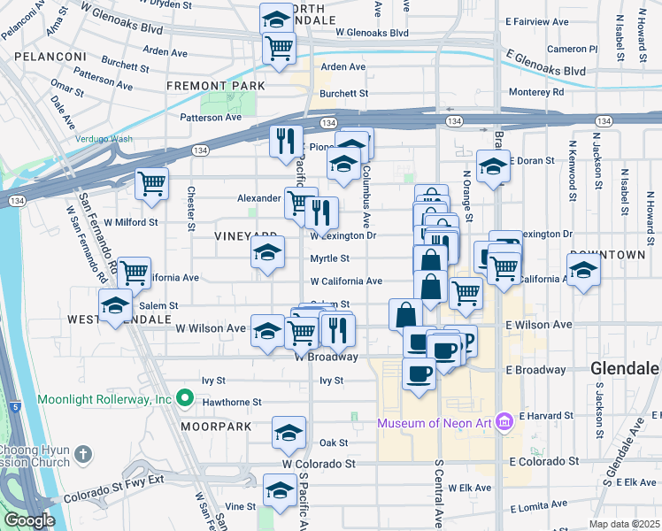map of restaurants, bars, coffee shops, grocery stores, and more near 440 Myrtle Street in Glendale