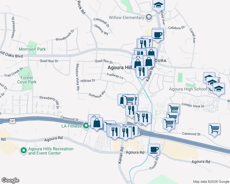 map of restaurants, bars, coffee shops, grocery stores, and more near 5507 Gladehollow Court in Agoura Hills