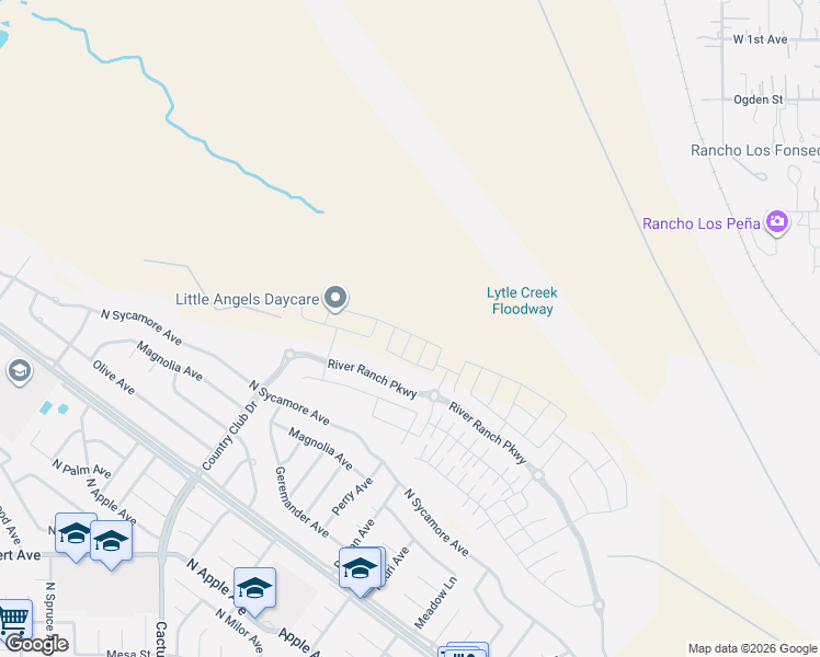 map of restaurants, bars, coffee shops, grocery stores, and more near 5879 North Sycamore Avenue in Rialto