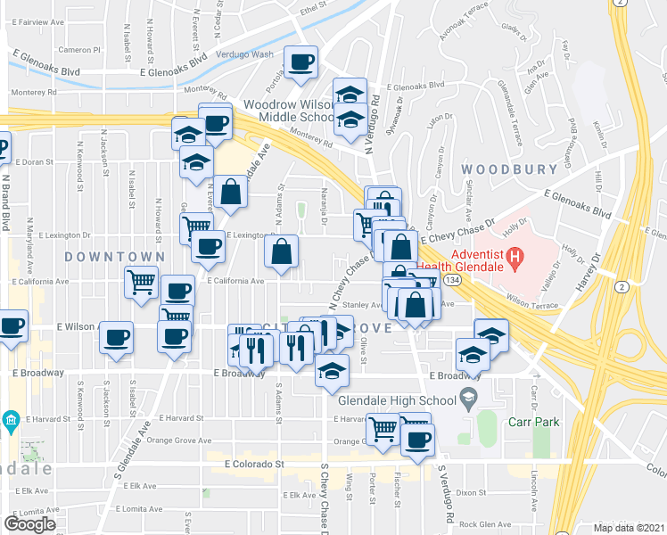 map of restaurants, bars, coffee shops, grocery stores, and more near 320 McHenry Road in Glendale