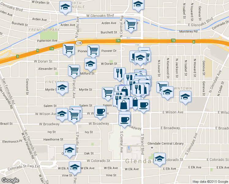 map of restaurants, bars, coffee shops, grocery stores, and more near 319 North Central Avenue in Glendale