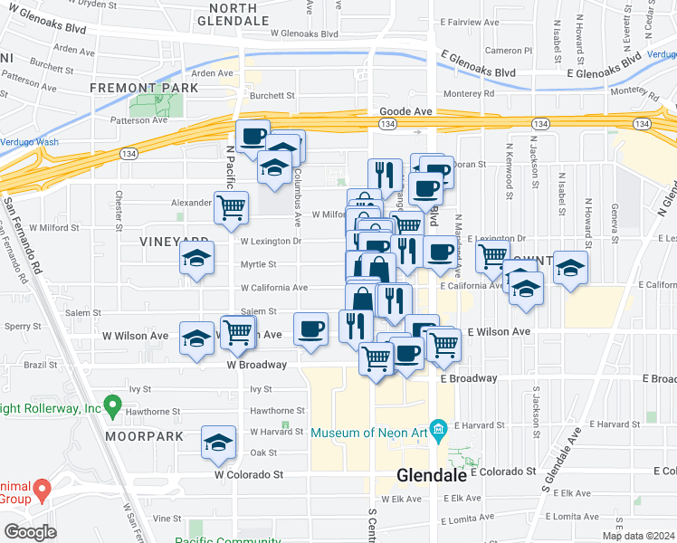 map of restaurants, bars, coffee shops, grocery stores, and more near 350 Myrtle Street in Glendale