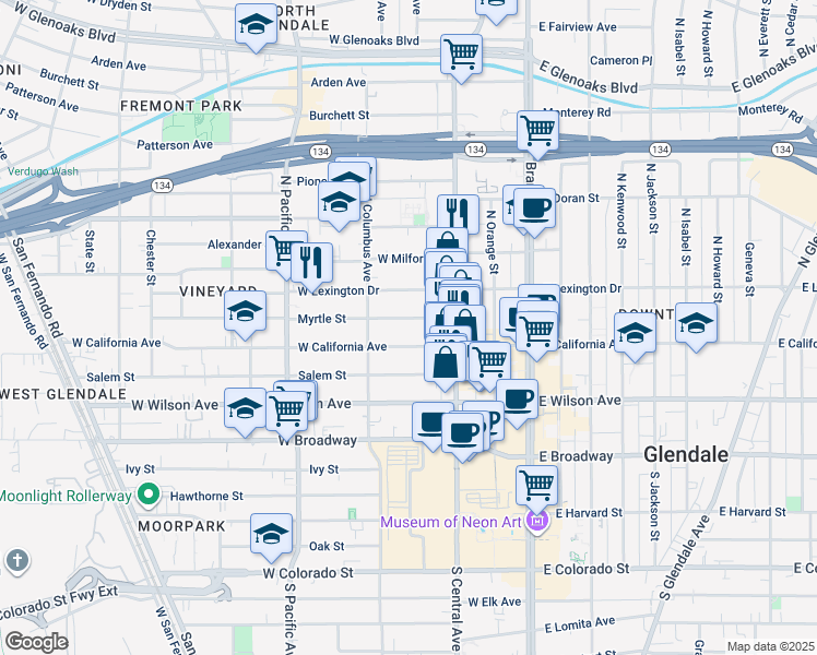map of restaurants, bars, coffee shops, grocery stores, and more near 350 Myrtle Street in Glendale