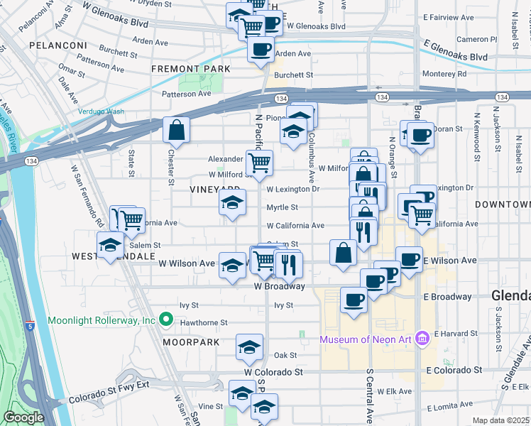 map of restaurants, bars, coffee shops, grocery stores, and more near 312 North Pacific Avenue in Glendale