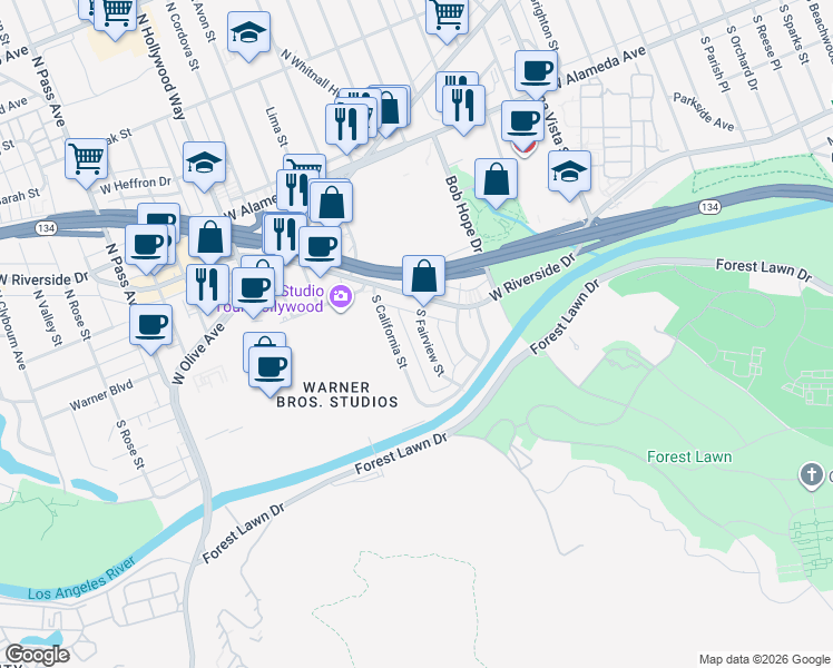 map of restaurants, bars, coffee shops, grocery stores, and more near 348 South California Street in Burbank