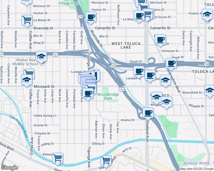 map of restaurants, bars, coffee shops, grocery stores, and more near 11305 Moorpark Street in Los Angeles
