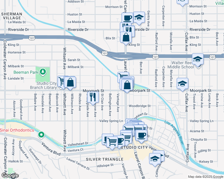 map of restaurants, bars, coffee shops, grocery stores, and more near 12143 Moorpark Street in Los Angeles