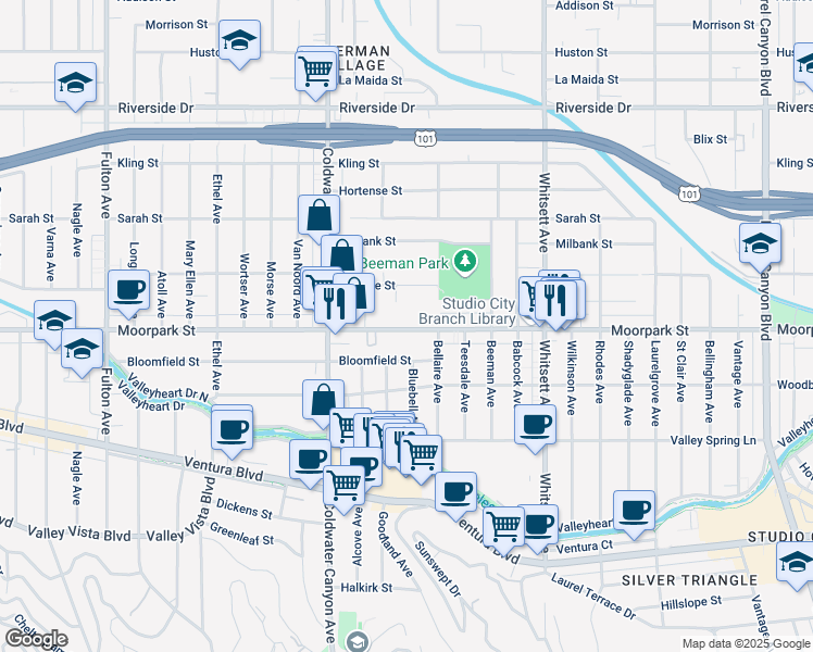 map of restaurants, bars, coffee shops, grocery stores, and more near 12715 Moorpark Street in Los Angeles
