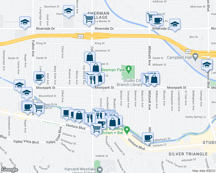 map of restaurants, bars, coffee shops, grocery stores, and more near 12801 Moorpark Street in Los Angeles