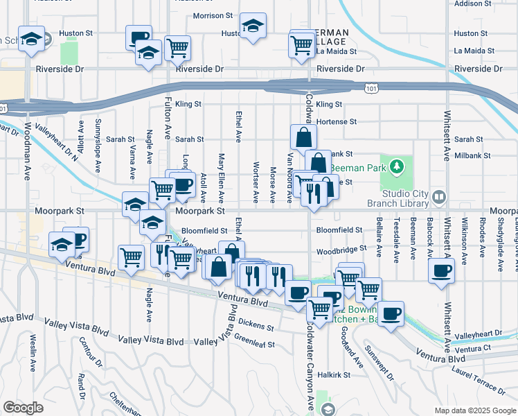 map of restaurants, bars, coffee shops, grocery stores, and more near 13041 Moorpark Street in Los Angeles